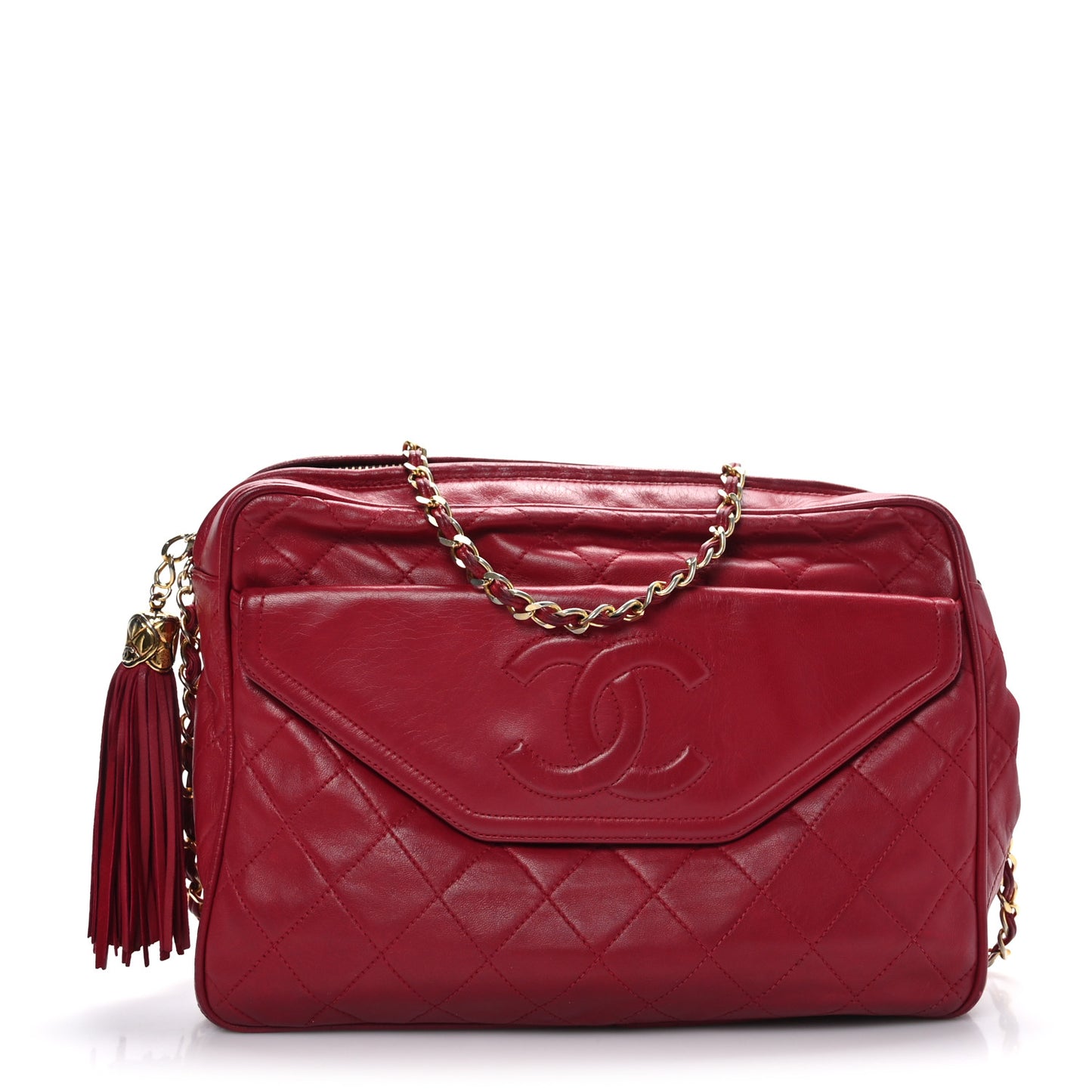 Lambskin Quilted CC Tassel Flap Camera Case Red