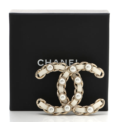 Chanel Lambskin Pearl Chain CC Brooch Gold White 5 of 5
