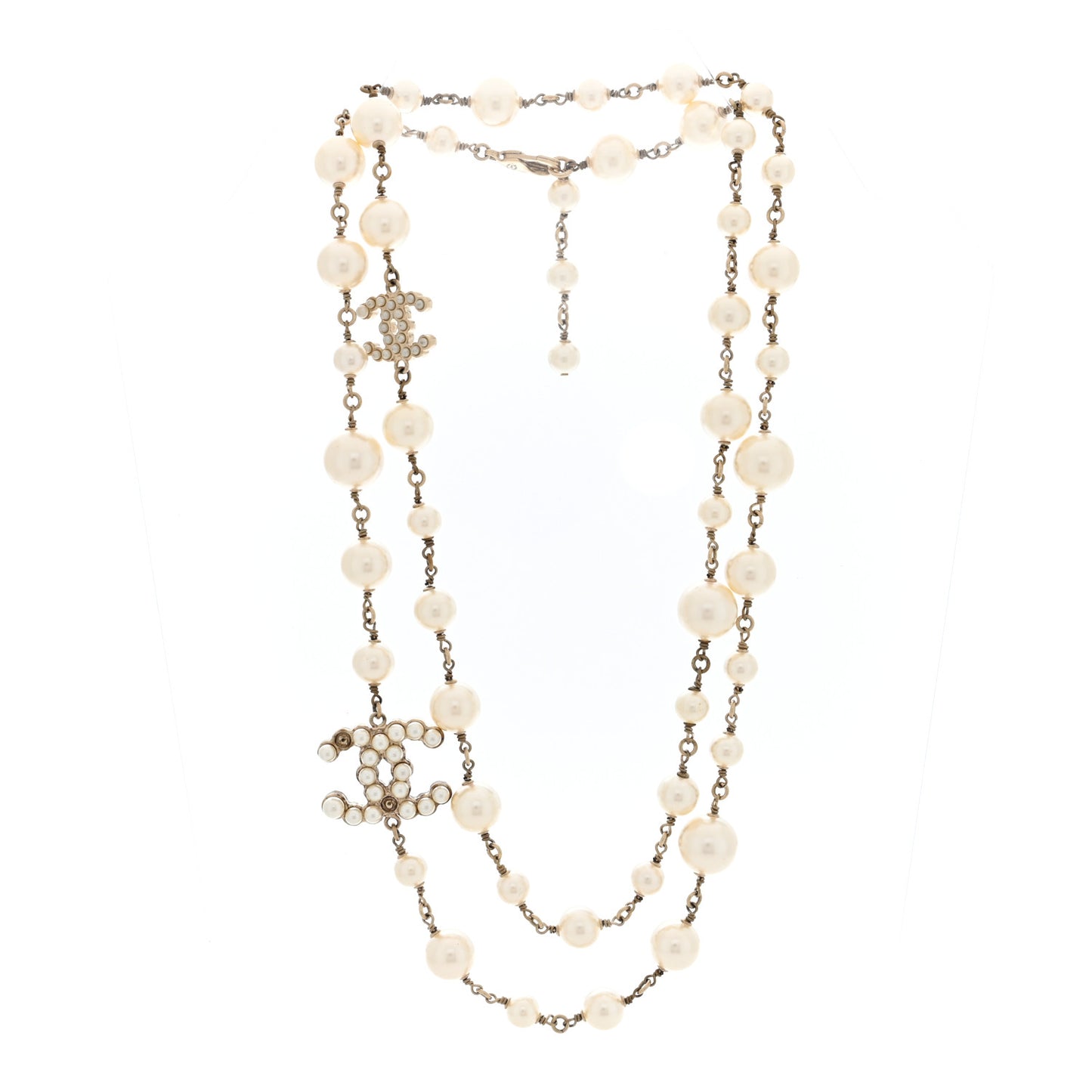 Graduated Pearl Crystal CC Necklace White