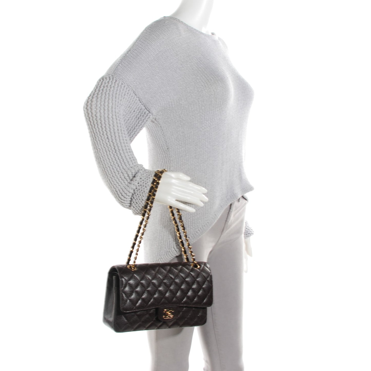 Caviar Quilted Medium Double Flap Dark Brown
