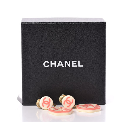 Chanel Resin Camellia CC Drop Clip On Earrings Pink White 5 of 5