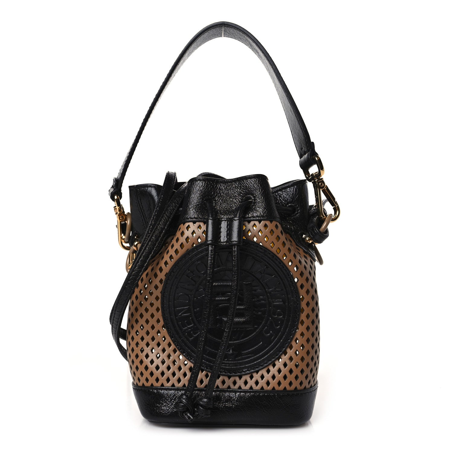 Fendi Vitello Liberty Glossy Lambskin F is Fendi Perforated Mini Mon Tresor Bucket Bag Sand Mimosa Black 1 of 9
