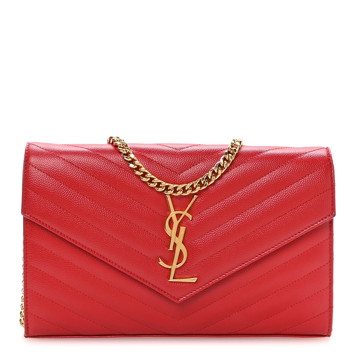 Saint Laurent Grain De Poudre Matelasse Chevron Monogram Chain Wallet Red 1 of 12