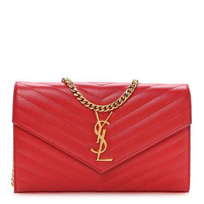Saint Laurent Grain De Poudre Matelasse Chevron Monogram Chain Wallet Red 1 of 12