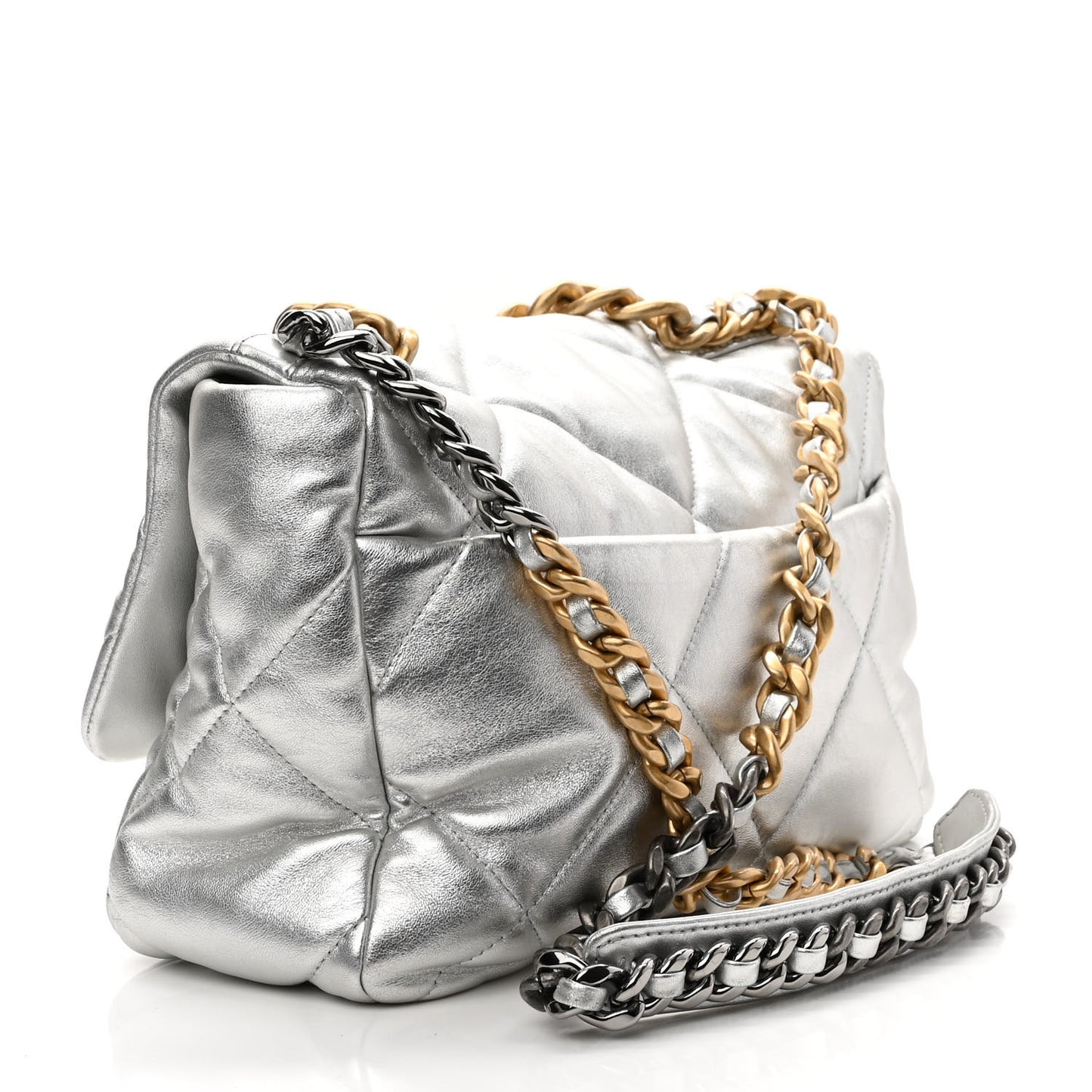Metallic Goatskin Quilted Large Chanel 19 Flap Silver