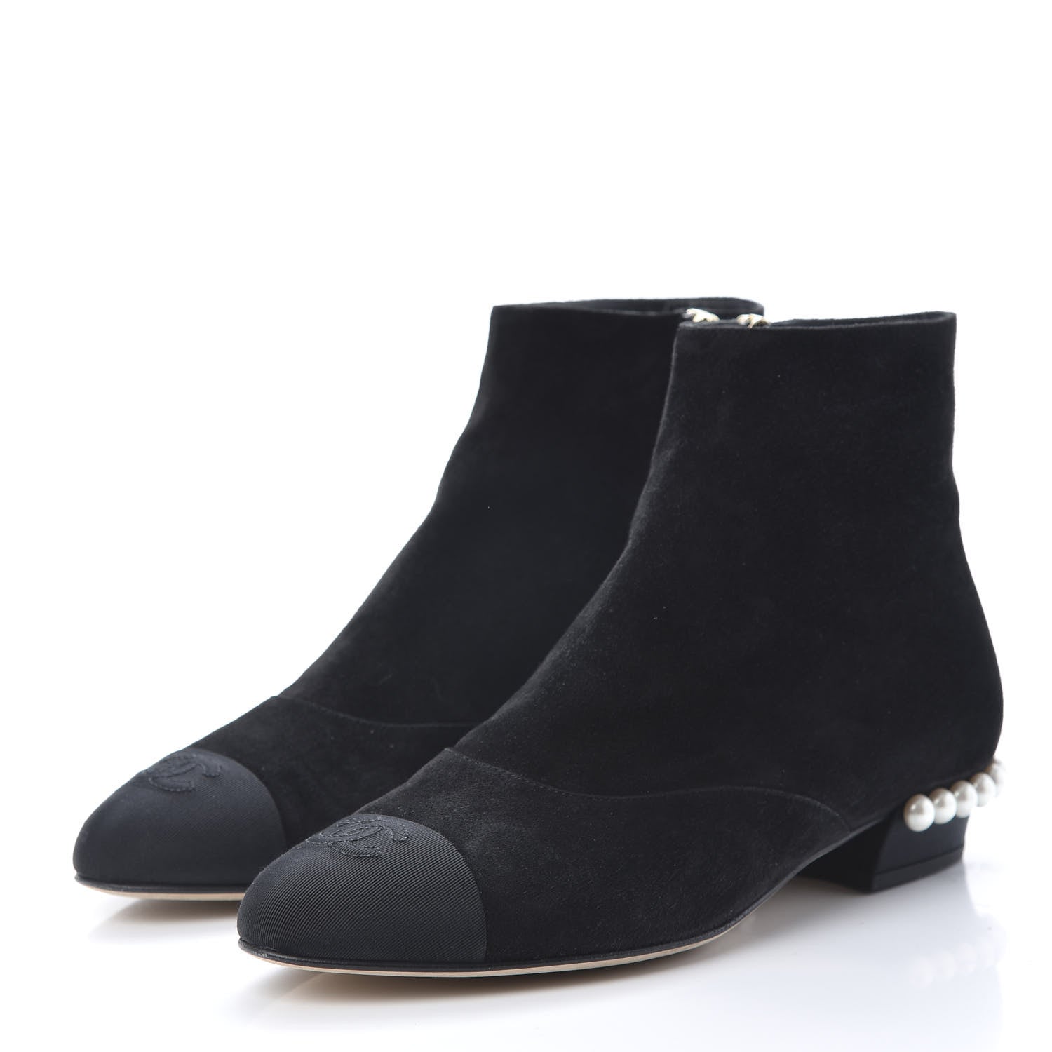 Chanel Suede Calfskin Pearl Cap Toe Short Boots 37.5 Black 3 of 10