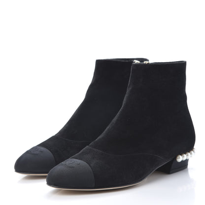 Chanel Suede Calfskin Pearl Cap Toe Short Boots 37.5 Black 3 of 10
