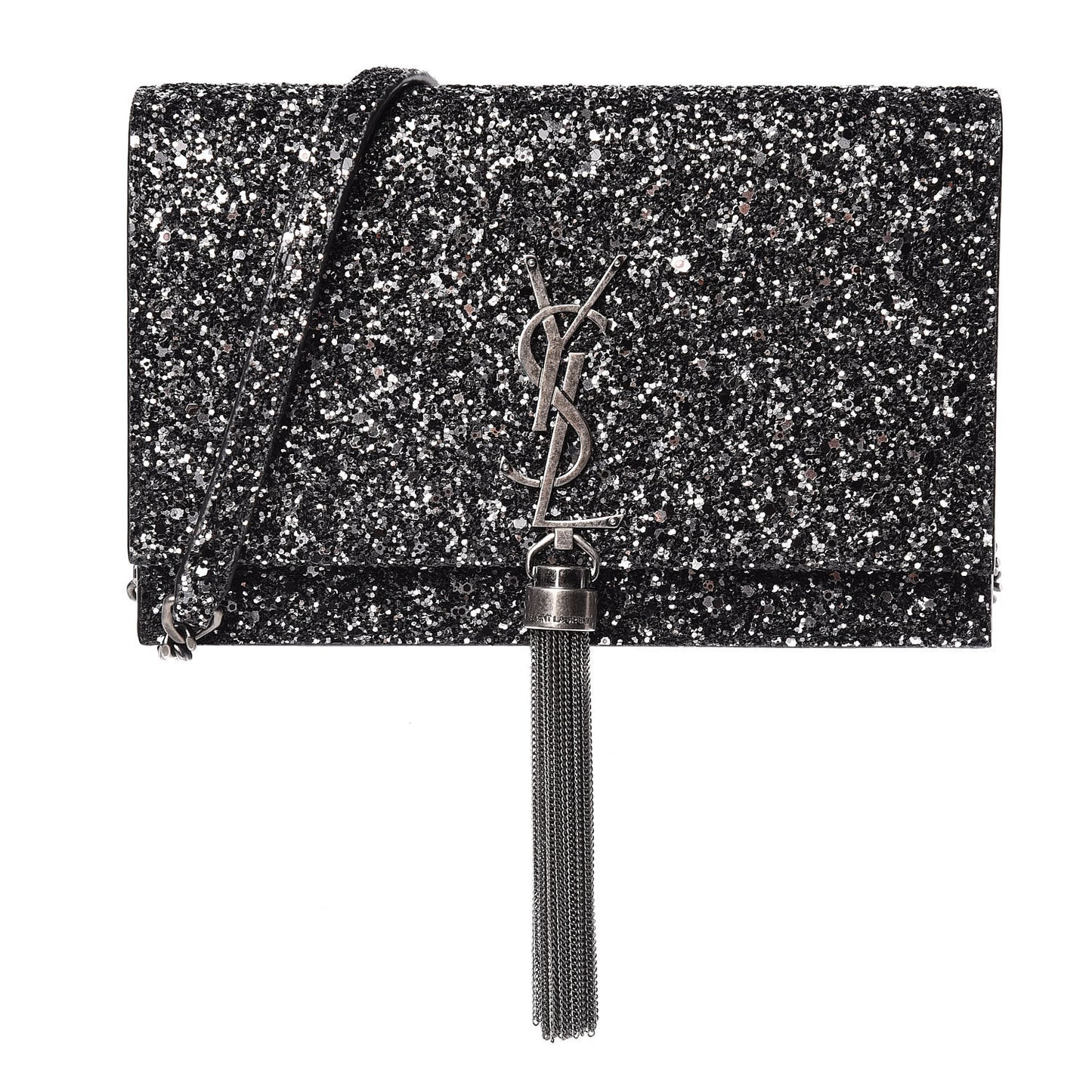 Metallic Glitter Classic Monogram Kate Tassel Chain Wallet Gun Metal Black
