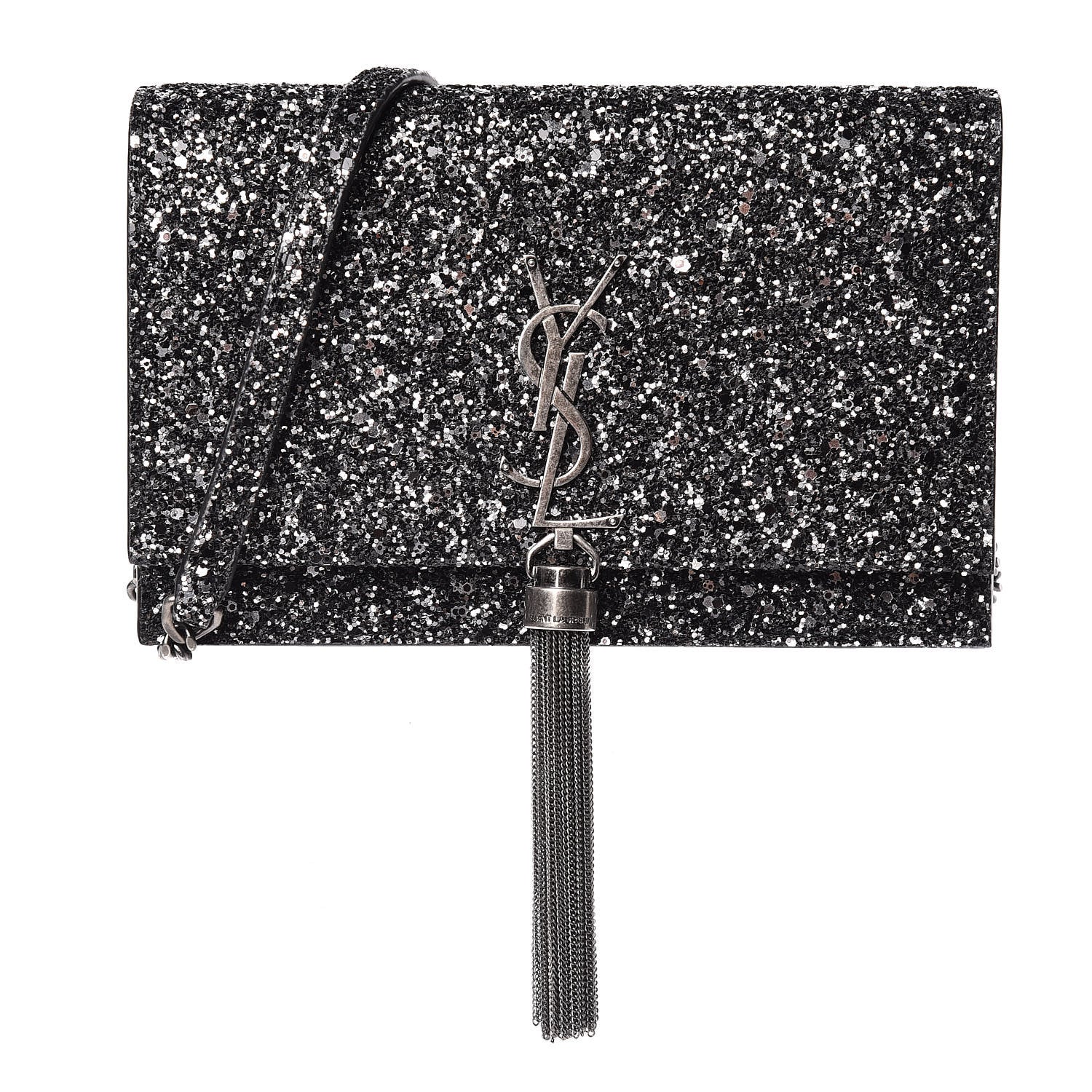 Saint Laurent Metallic Glitter Classic Monogram Kate Tassel Chain Wallet Gun Metal Black 1 of 8