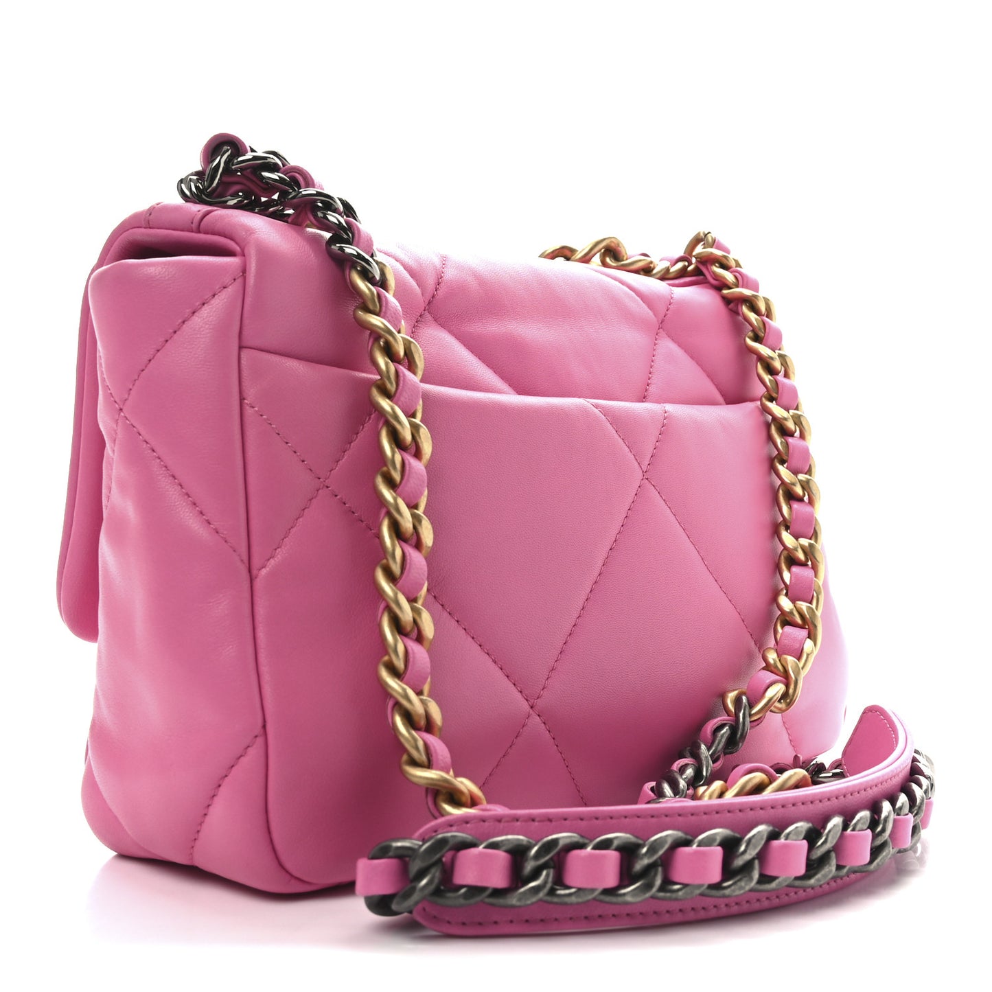 Shiny Lambskin Quilted Medium Chanel 19 Flap Neon Pink