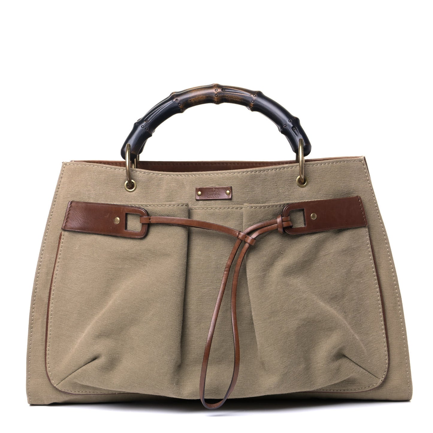 Canvas Bamboo Handle Drawstring Bag Beige