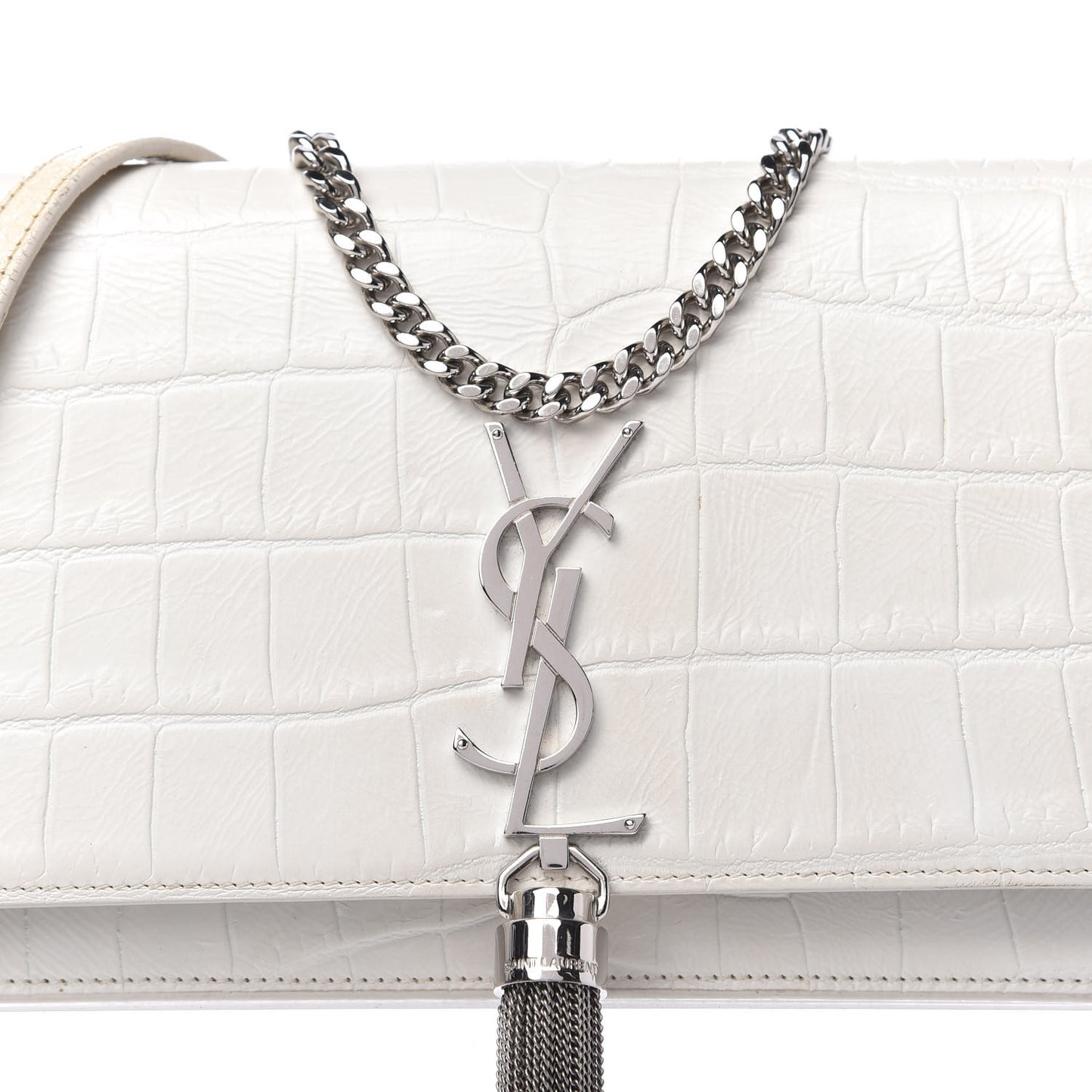 Calfskin Crocodile Embossed Kate Monogram Tassel Chain Wallet Crema Soft