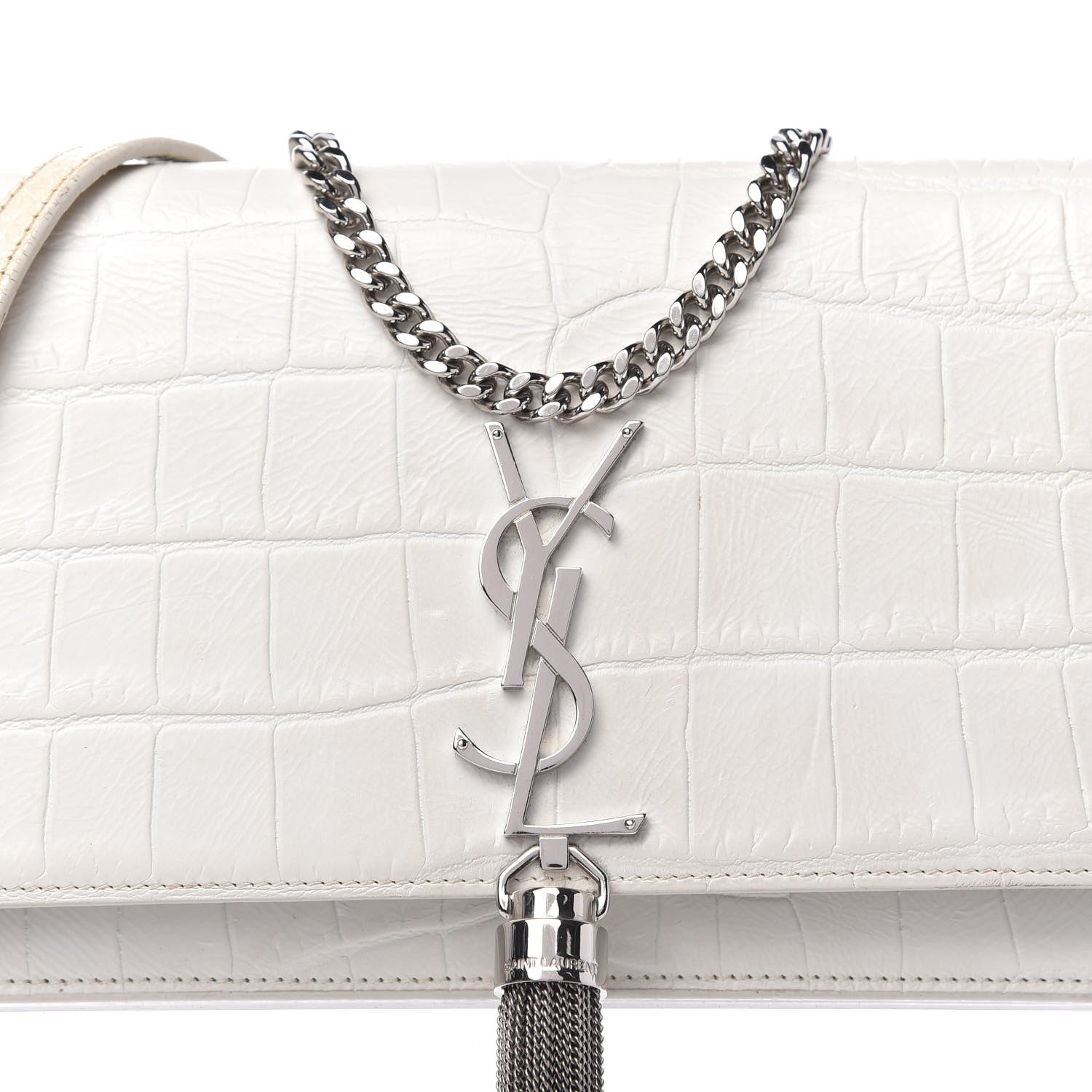 Saint Laurent Calfskin Crocodile Embossed Kate Monogram Tassel Chain Wallet Crema Soft 9 of 9