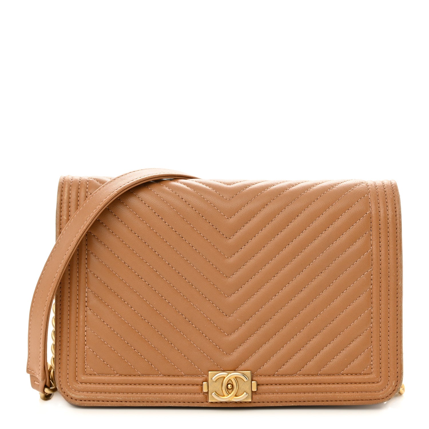 Chanel Lambskin Chevron Quilted Boy Wallet On Chain WOC Brown 1 of 12