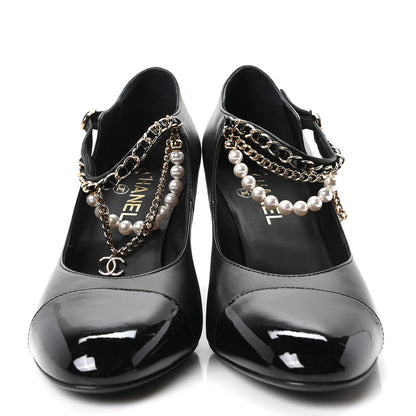 Chanel Shiny Lambskin Patent Calfskin Cap Toe Ankle Pearl Chain Pumps 39.5 Black 5 of 20