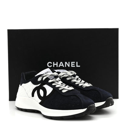 Chanel Fabric Suede Kidskin CC Sneakers 38 Dark Navy White 10 of 10
