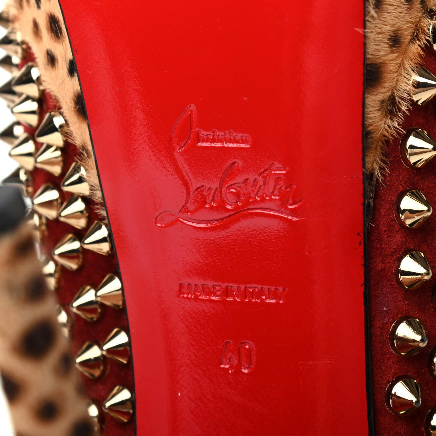 Veau Velours Calf Hair Leopard Lady Peep Spikes 150 Pumps 40 Red