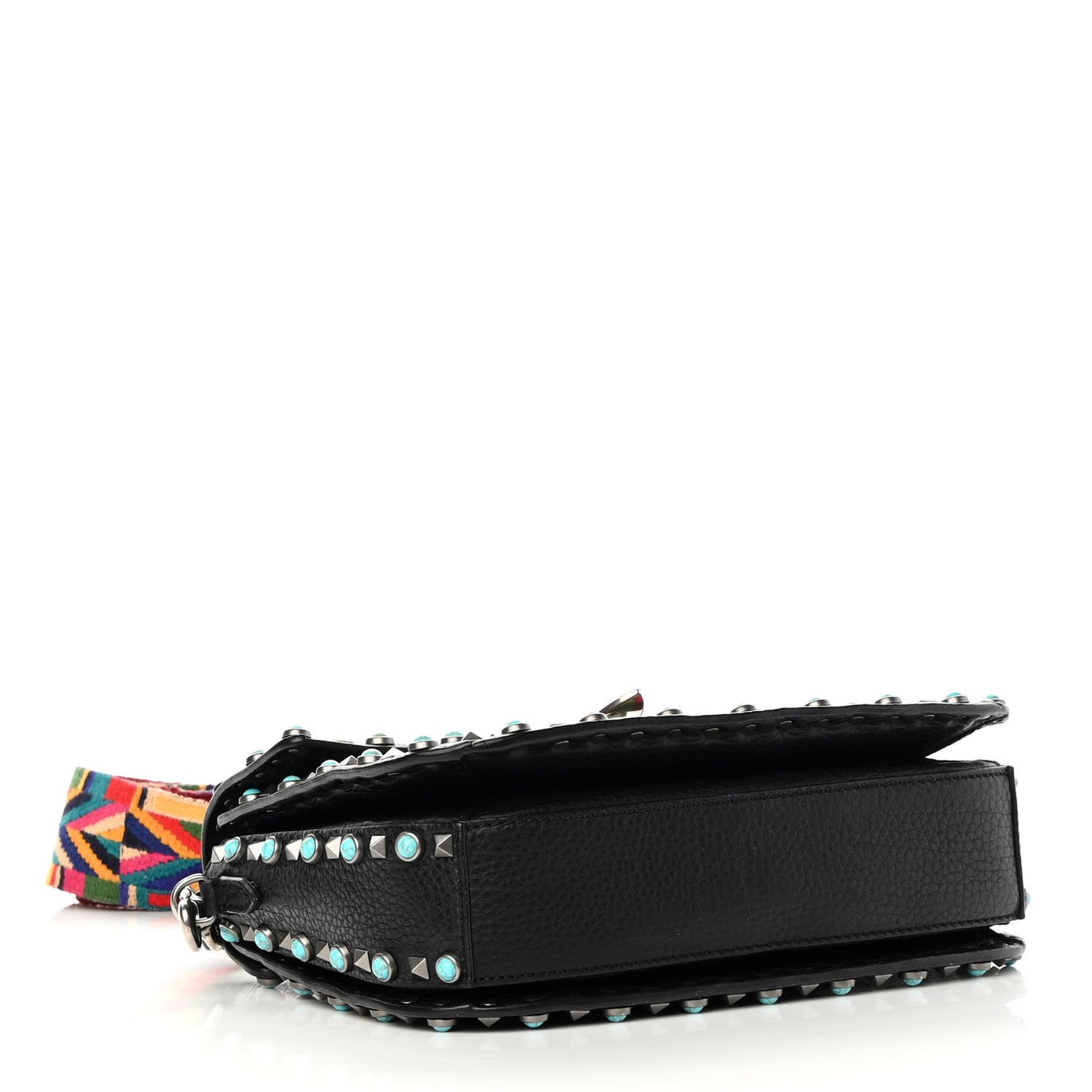Calfskin Embroidered Medium Guitar Strap Rockstud Rolling Flap Saddle Bag Black