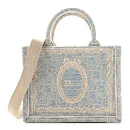Christian Dior Washed Embroidery Oblique Lace Dior Medallion Mini Book Tote With Strap Celeste Blue Ecru 1 of 13