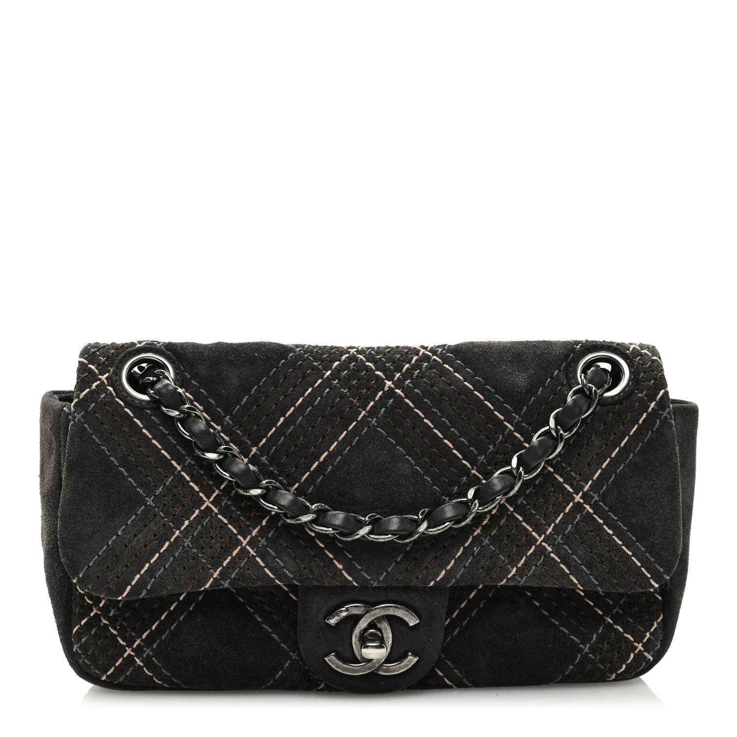 Chanel Suede Stitched Medium Saltire Single Flap Grey 1 of 9