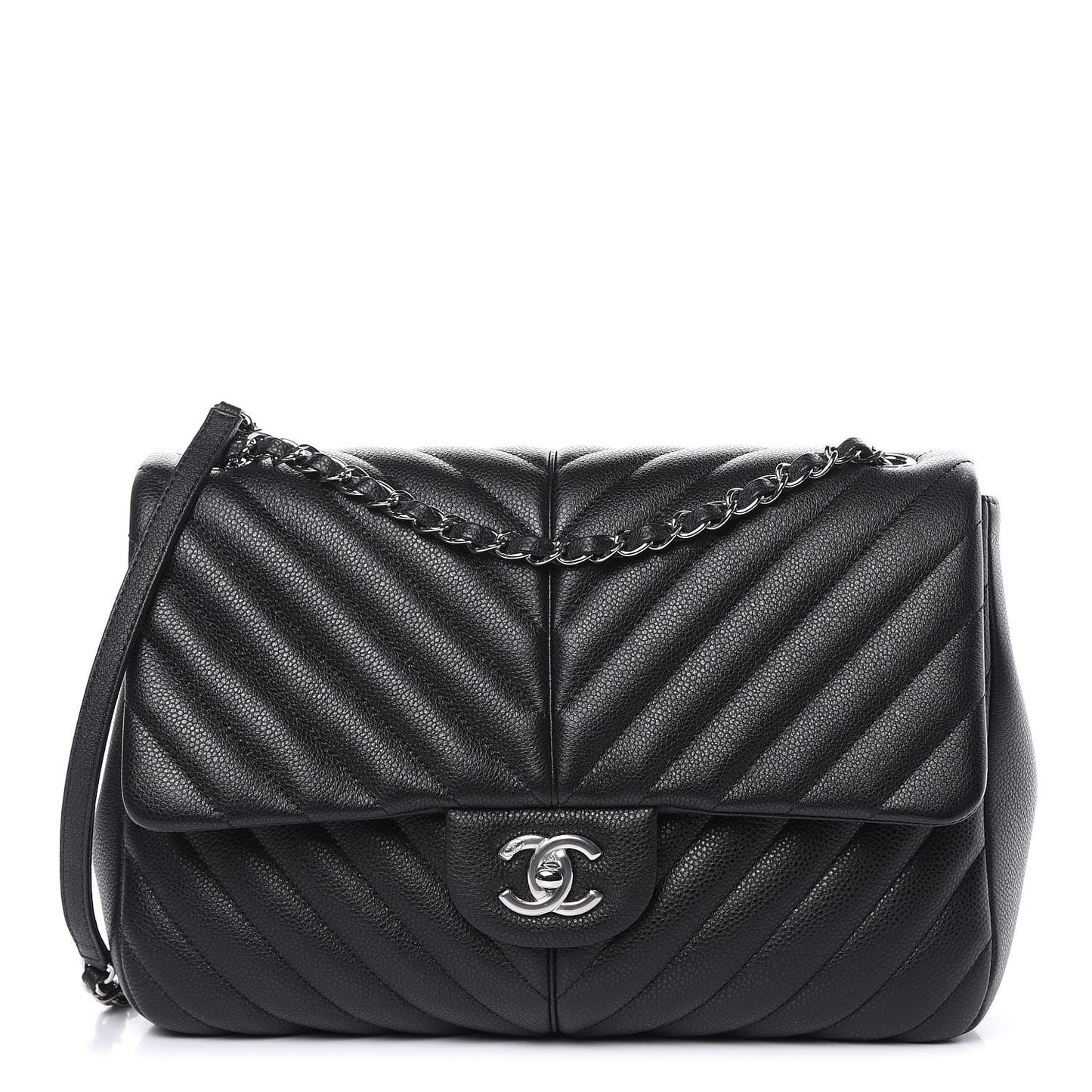 Caviar Chevron Quilted Large Puffy CC Flap Black