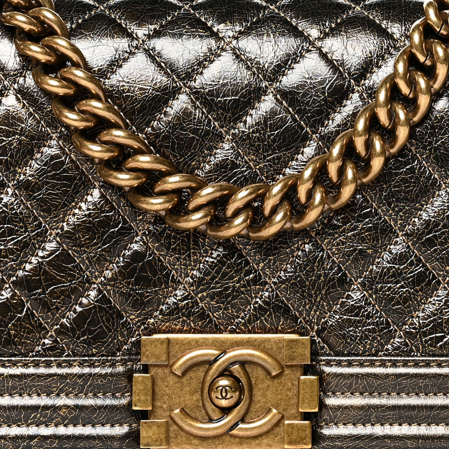 Metallic Crackled Calfskin Quilted Medium Boy Flap Black Gold