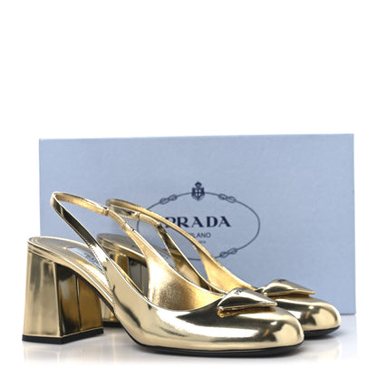 Prada Metallic Patent Triangle Logo Slingback Pumps 37 Platino 9 of 9