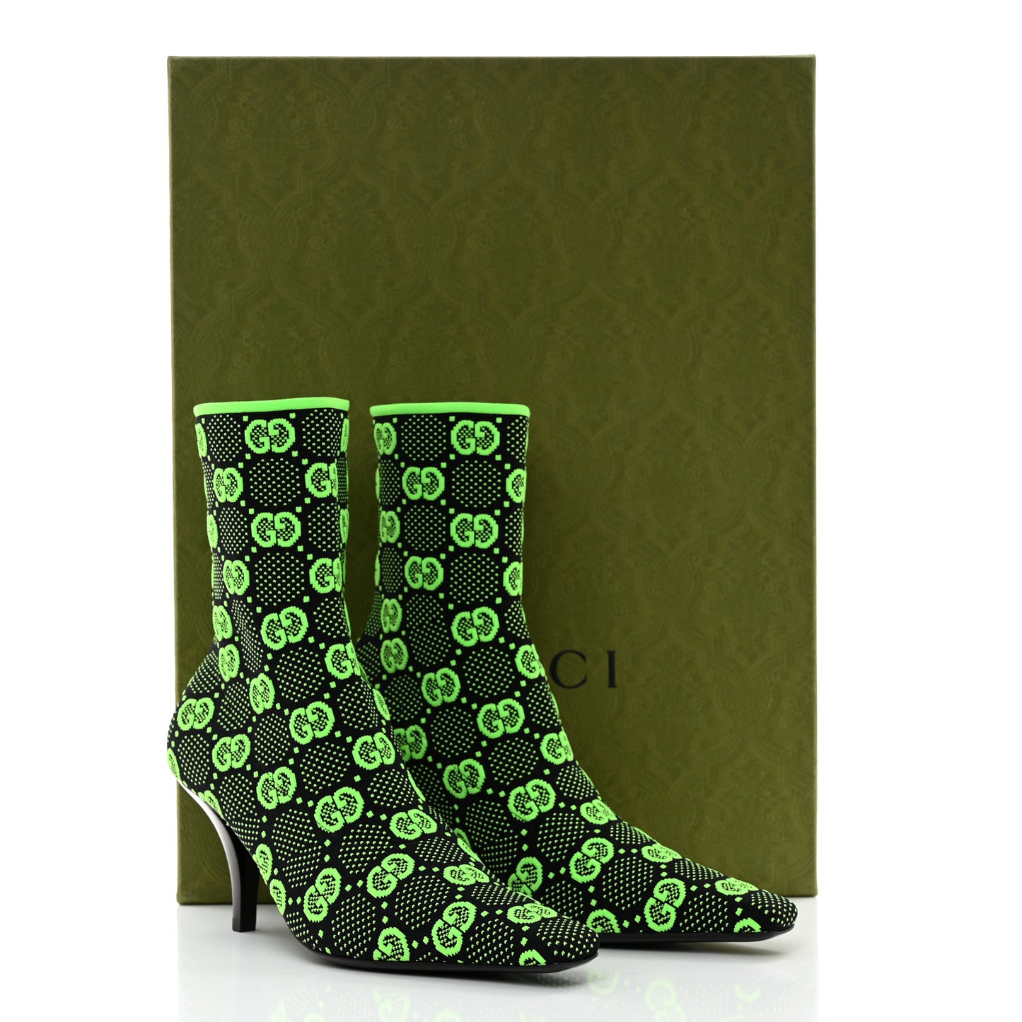 Technical Jersey Knit GG Monogram Square G 75mm Ankle Boots 36.5 Black Neon Green