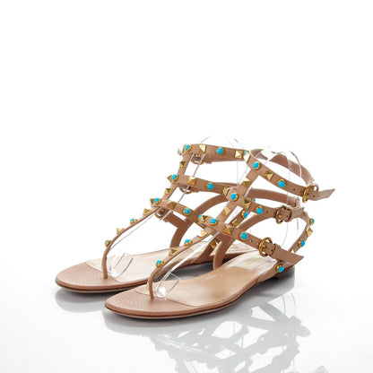 Valentino Garavani Calfskin Rockstud Rolling Ankle Wrap Flat Thong Sandals 36.5 Soft Noisette 3 of 7