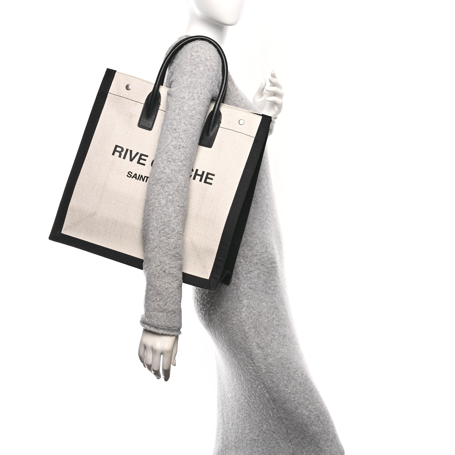 Saint Laurent Linen Calfskin Rive Gauche North South Tote White Black 2 of 9