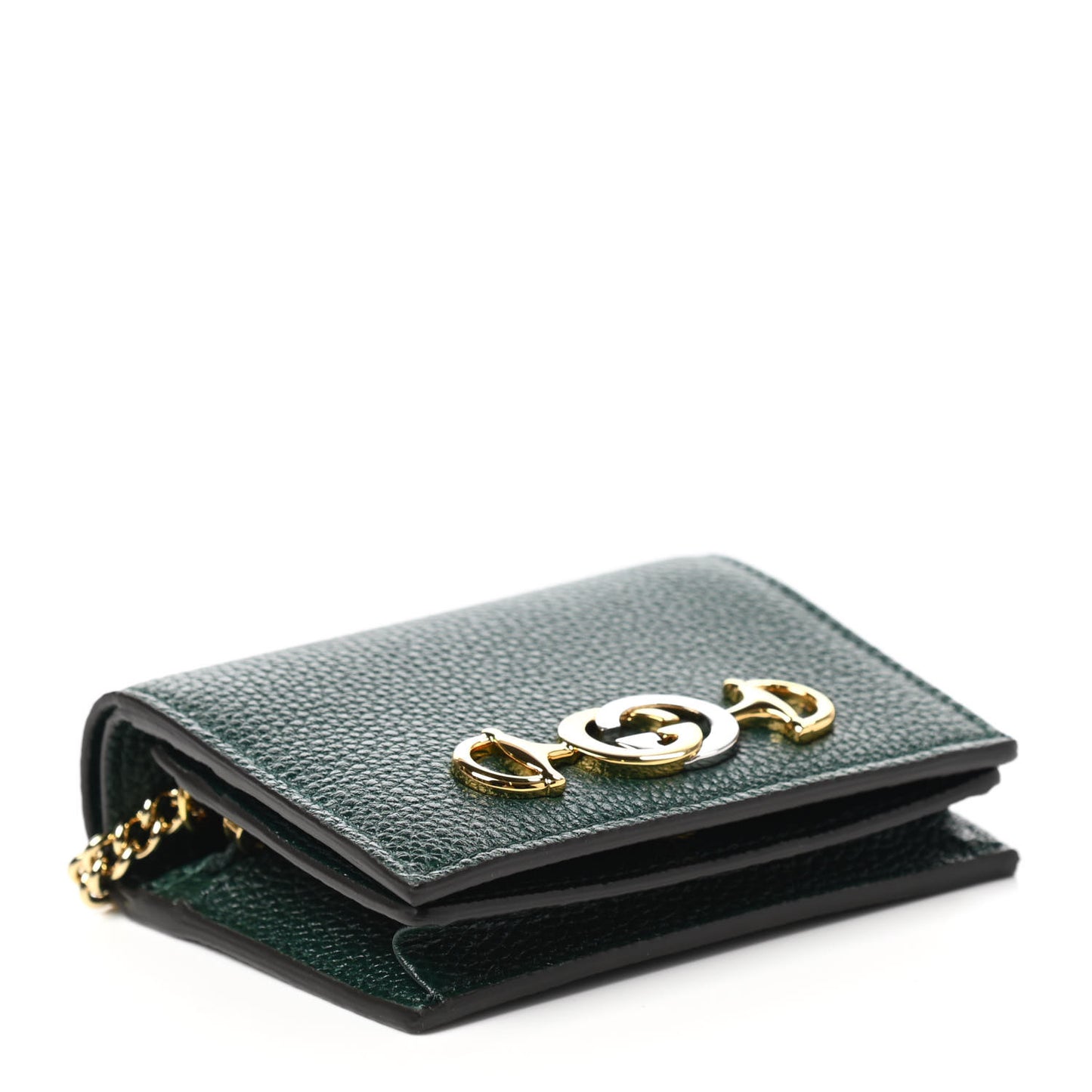 Grainy Calfskin Zumi Chain Card Case Wallet Vintage Green