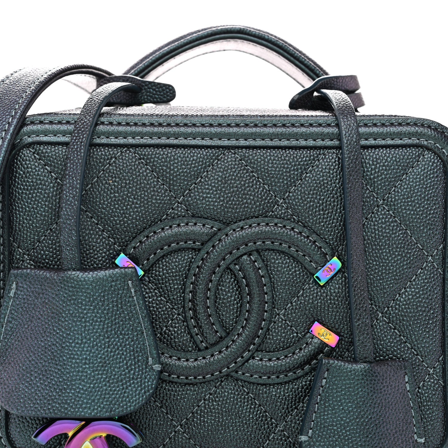 Chanel Iridescent Caviar Quilted Small CC Filigree Vanity Case Dark Turquoise 8 of 11