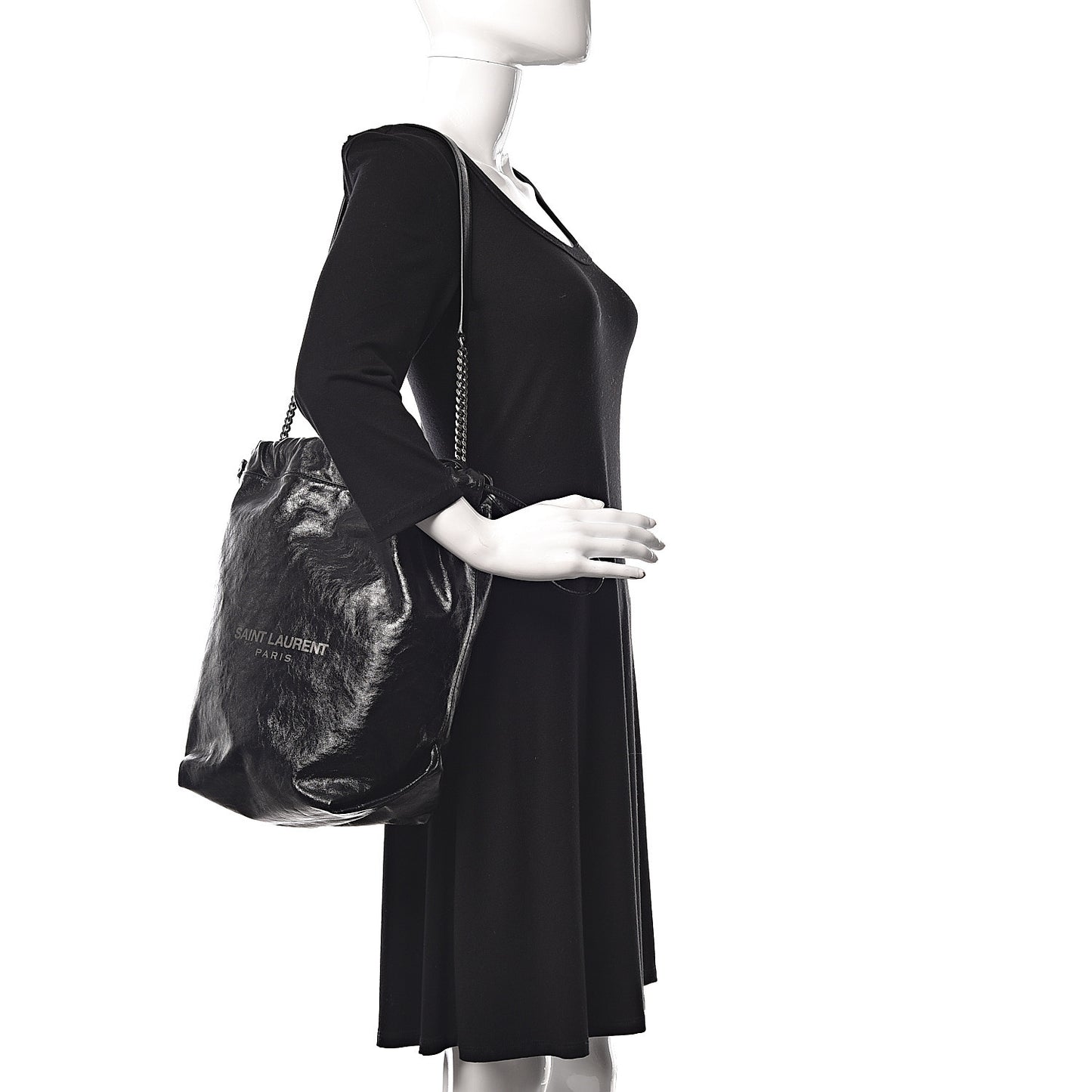 Cracked Shiny Calfskin Teddy Drawstring Bag Black