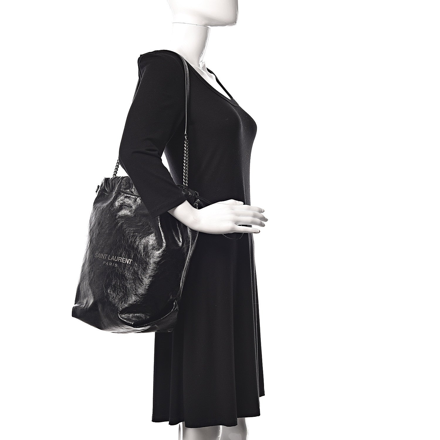 Saint Laurent Cracked Shiny Calfskin Teddy Drawstring Bag Black 2 of 9