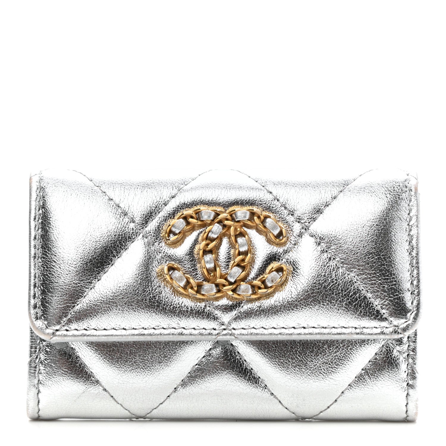 Chanel Metallic Goatskin Quilted Chanel 19 Flap Card Holder Silver 1 of 9
