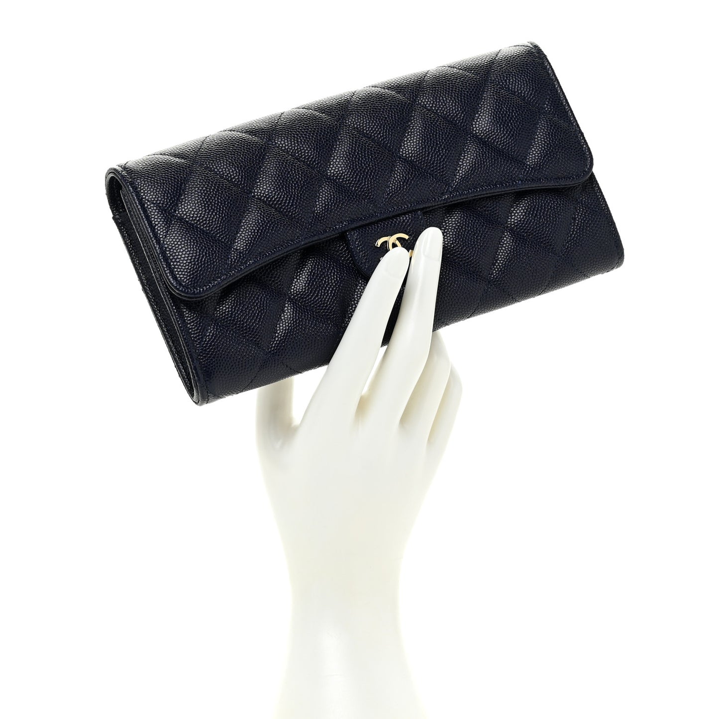 Caviar Quilted Large Gusset Flap Wallet Navy