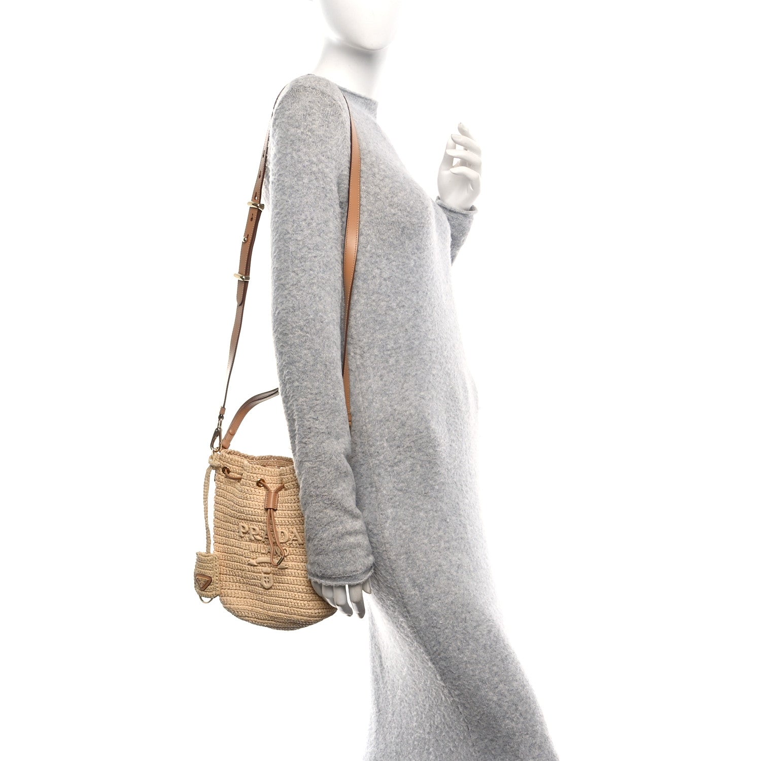 Prada Yarn Raffia Effect Crochet Small Bucket Bag Naturale 2 of 9