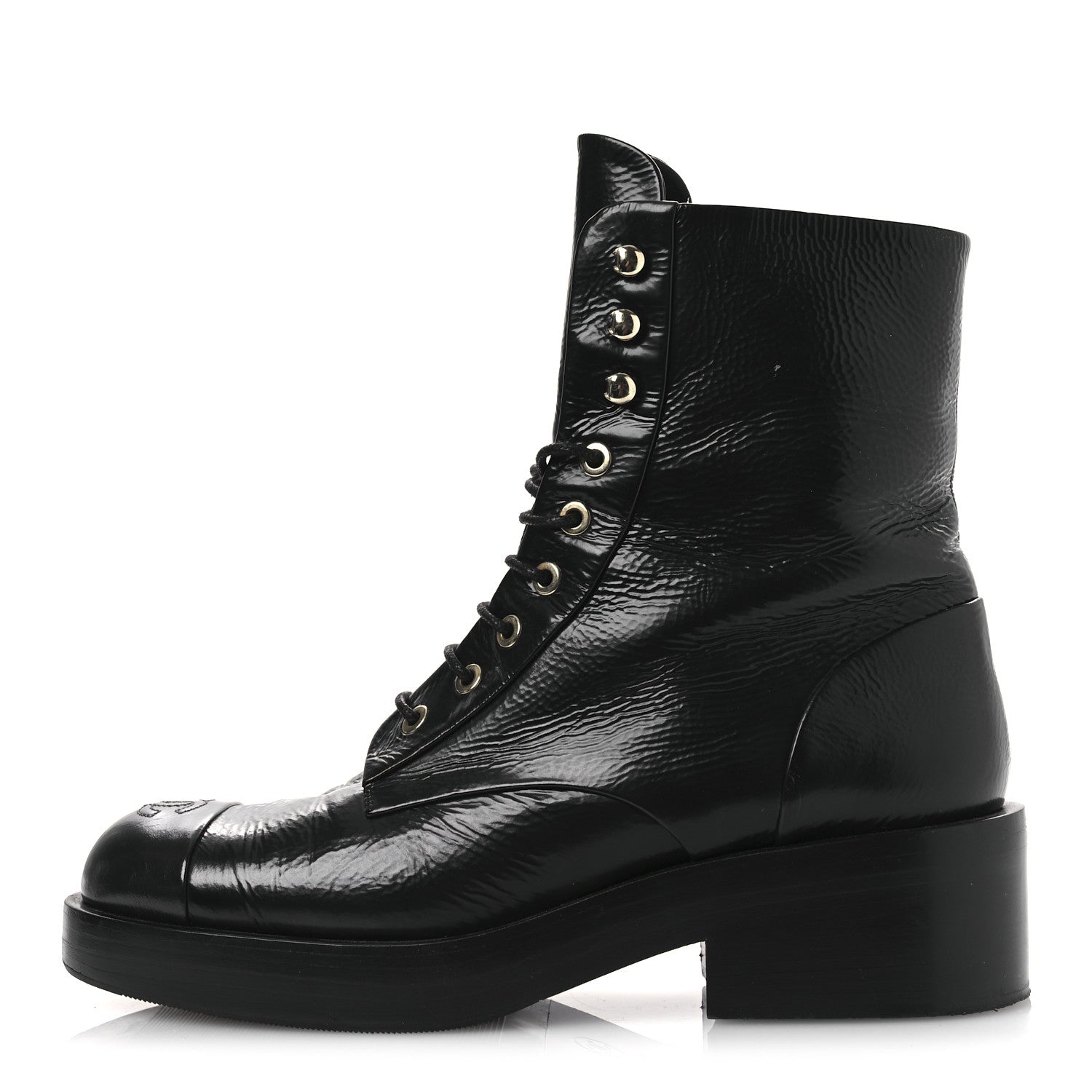 Chanel Shiny Goatskin Cap Toe Combat Boots 39.5 Black 1 of 11