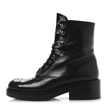 Chanel Shiny Goatskin Cap Toe Combat Boots 39.5 Black 1 of 11