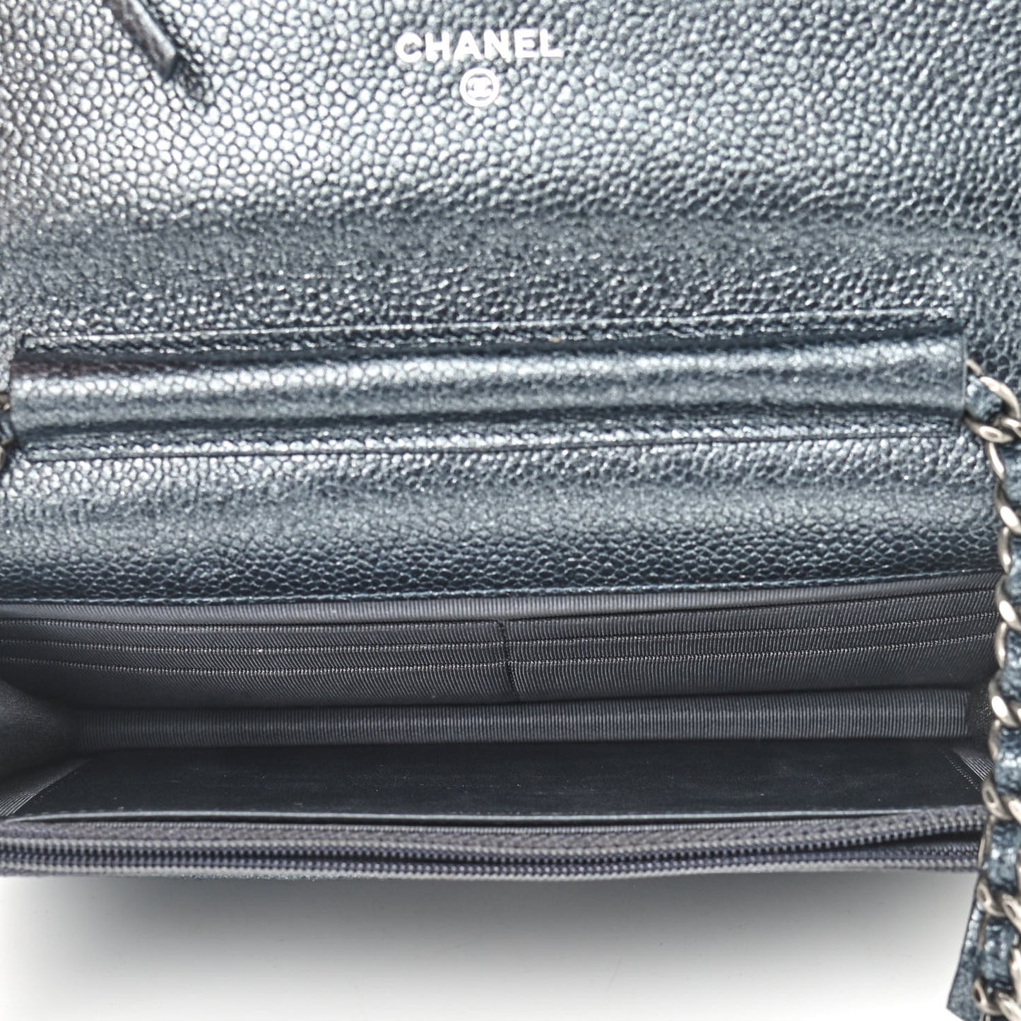 Metallic Caviar Quilted Wallet On Chain WOC Charcoal
