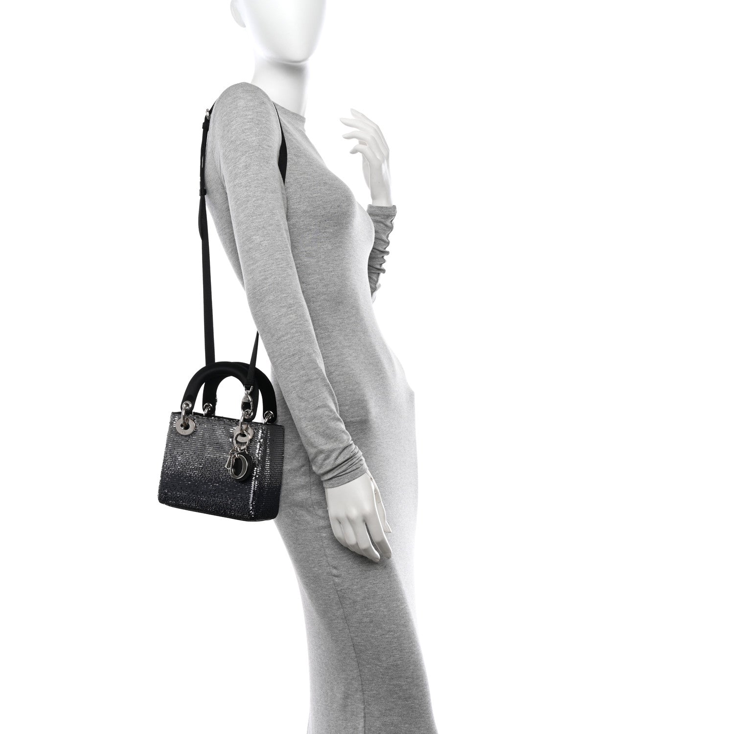 Christian Dior Satin Sequin Gradient Mini Lady Dior Black Silver 2 of 12