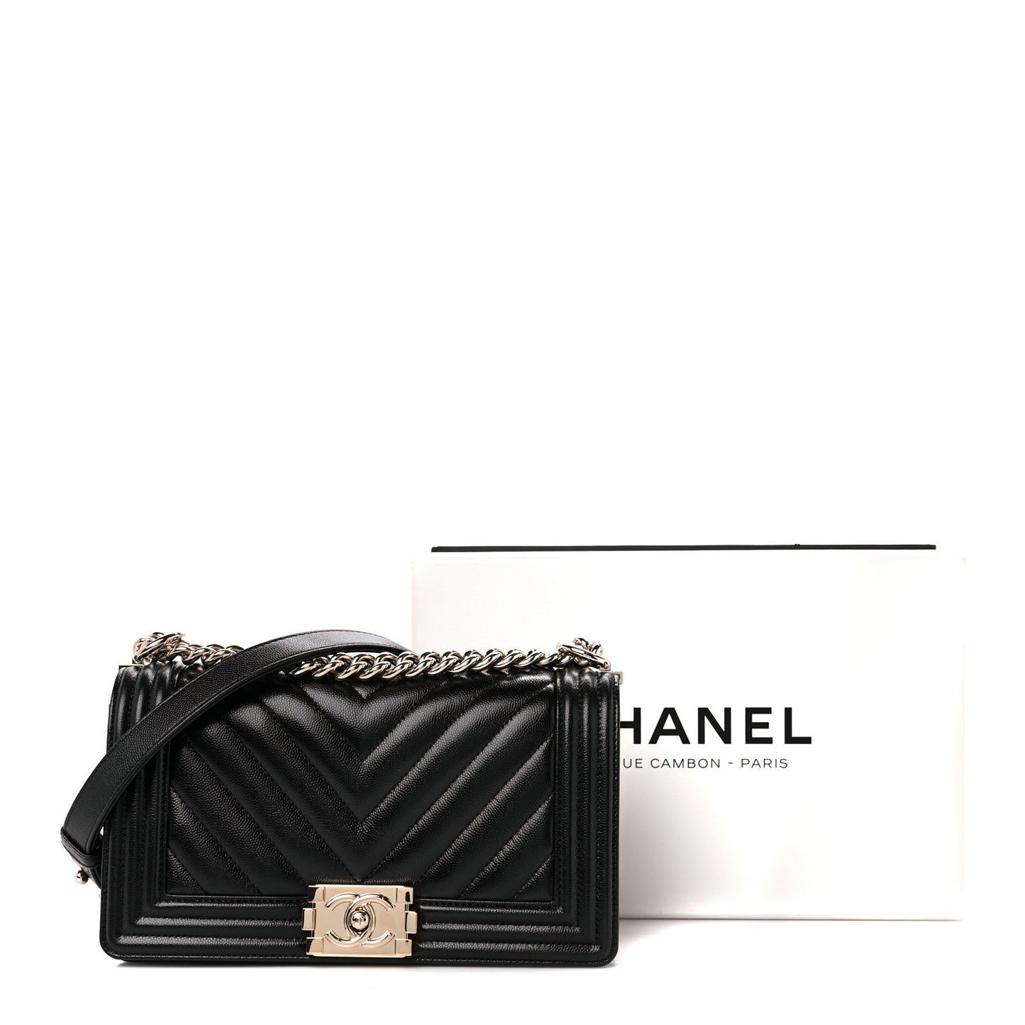 Caviar Chevron Quilted Medium Boy Flap Black