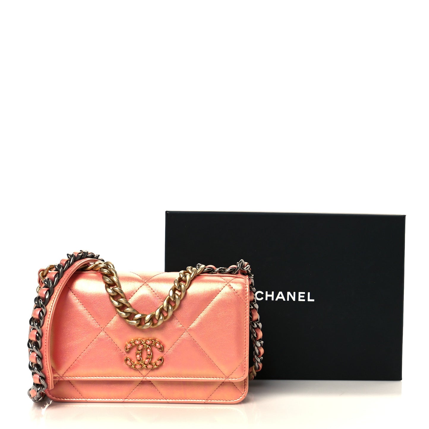 Iridescent Calfskin Quilted Chanel 19 Wallet On Chain WOC Pink