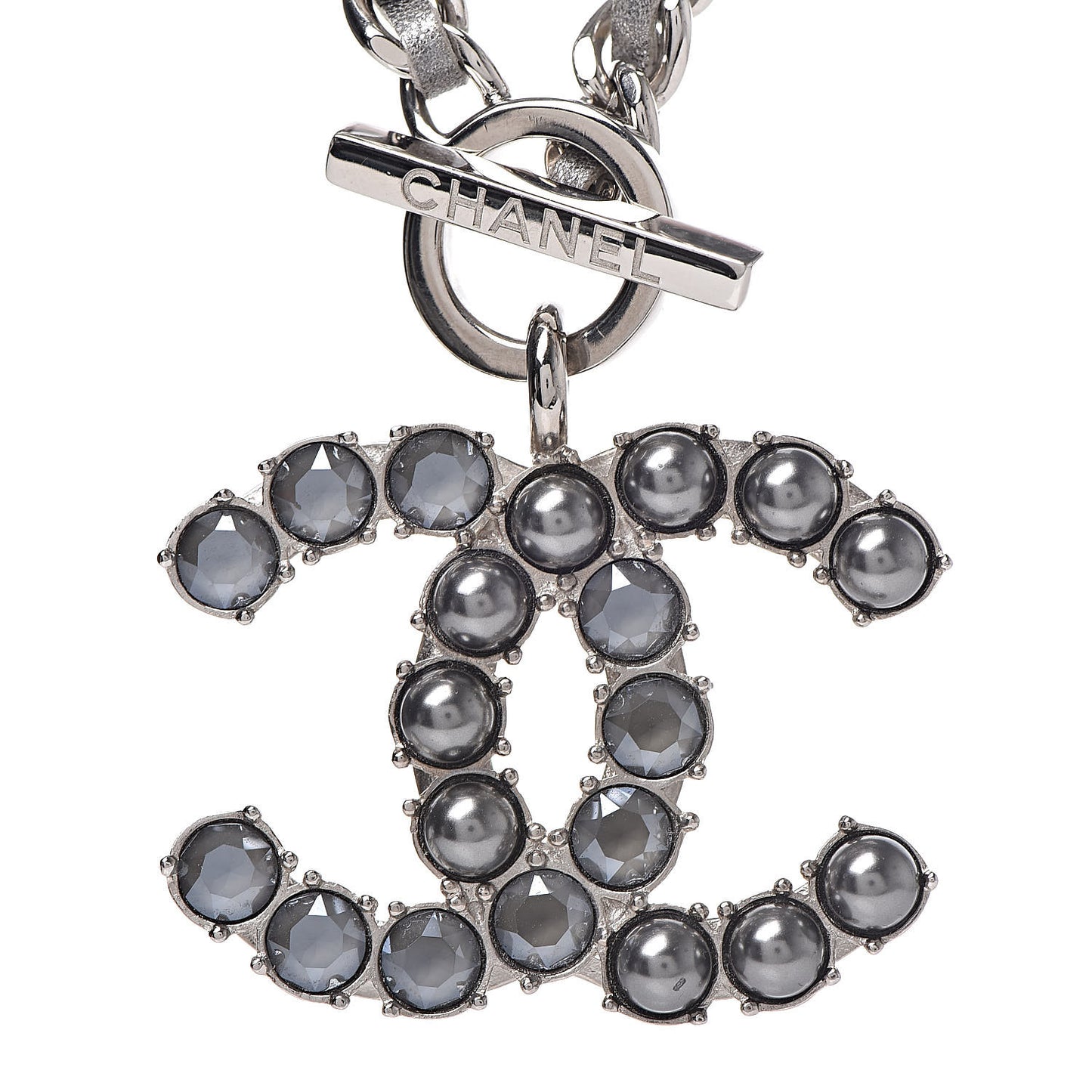 Crystal Beads Lambskin CC Short Necklace Silver