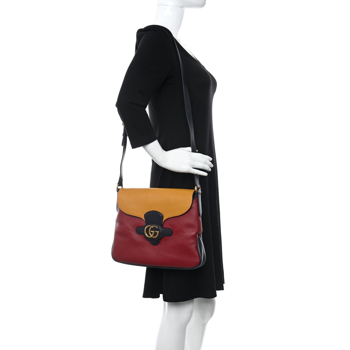 New Sakai Calfskin Lux Tri-Color Medium Dahlia Messenger Shoulder Bag New Cherry Red Sun Oil Blue