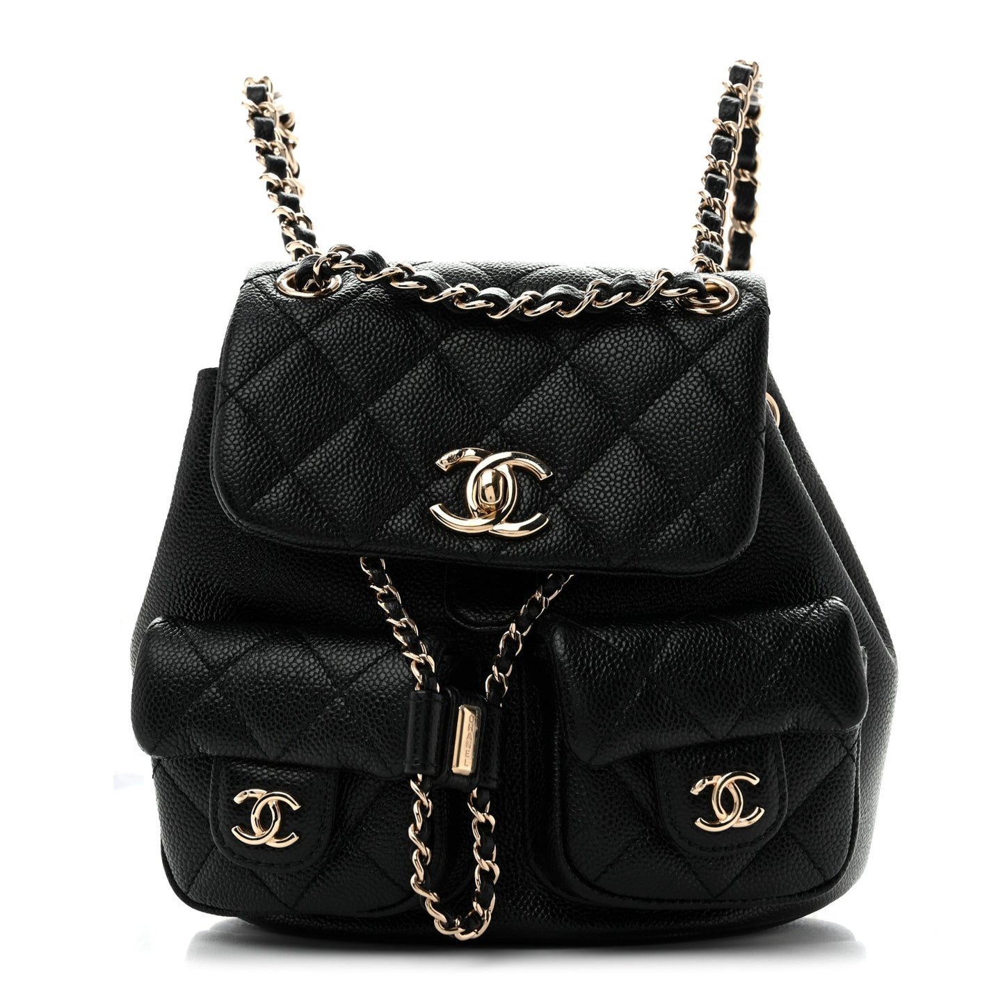 Shiny Caviar Quilted Small Duma Pockets Drawstring Backpack Black