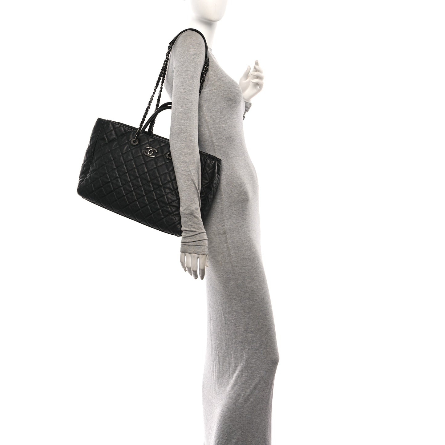 Caviar Quilted Large Coco Handle Shopping Tote Black