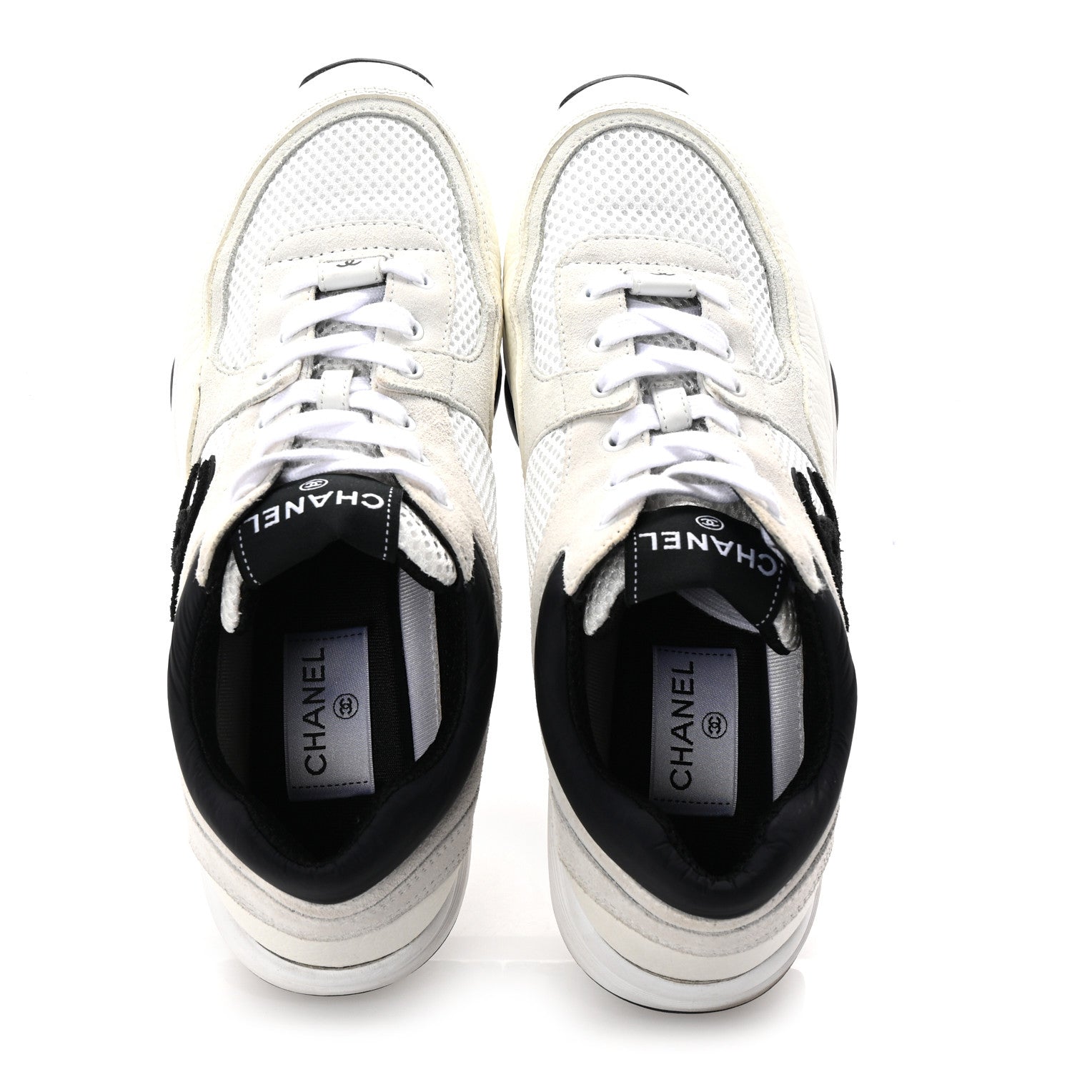 Chanel Mesh Suede Calfskin Grained Calfskin Womens CC Sneakers 40 White Black 2 of 9
