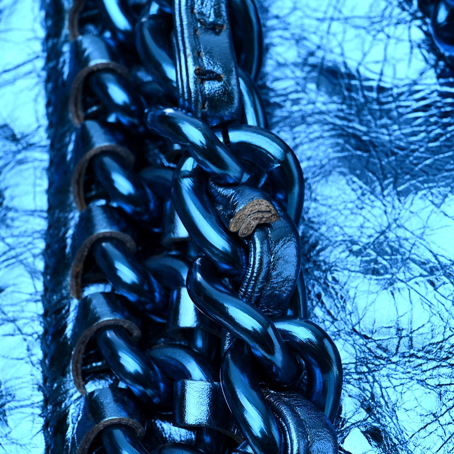 Metallic Cracked Calfskin Modern Chain Tote Blue