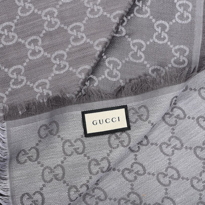Gucci Wool Silk Monogram GGWeb Fringe Shawl Pearl Medium Grey 4 of 5